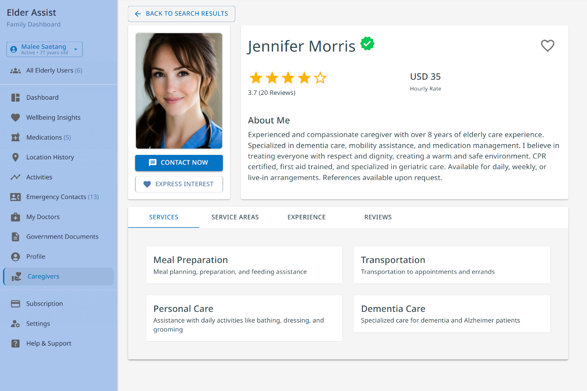 ElderAssist Caregiver Portal showing profile and messaging tools