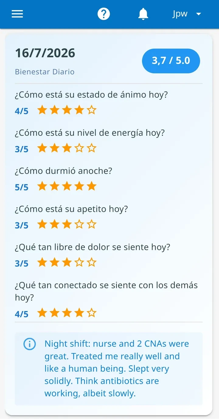 Un chequeo de bienestar diario real mostrando calificaciones de estrellas para ánimo, energía, sueño, apetito, dolor y conexión, con una nota personal